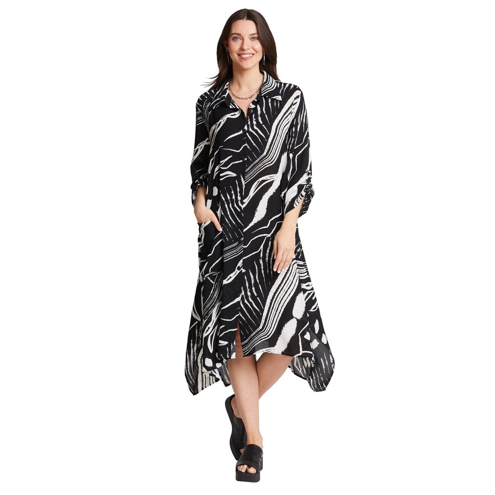 Women's Black and White Floral Duster Size L Button Up Dress Compli-K NWT